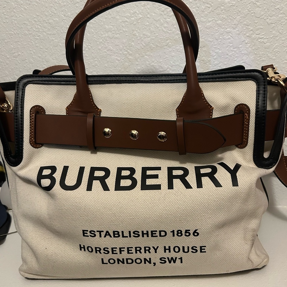 Burberry Cream and Brown Canvas Tote